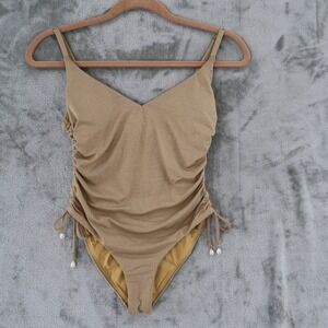 AQUA Swim One Piece Swimsuit Womens XS Gold Metallic Ruched Pearl Resort $98 NWT